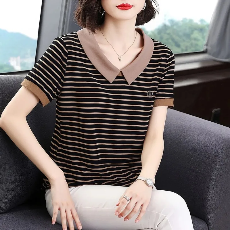 Mature Elegant Style Women Striped Cotton T Shirt Peter Pan Collar Short Sleeve Loose Plus Size Daily Mom Tops S-4XL