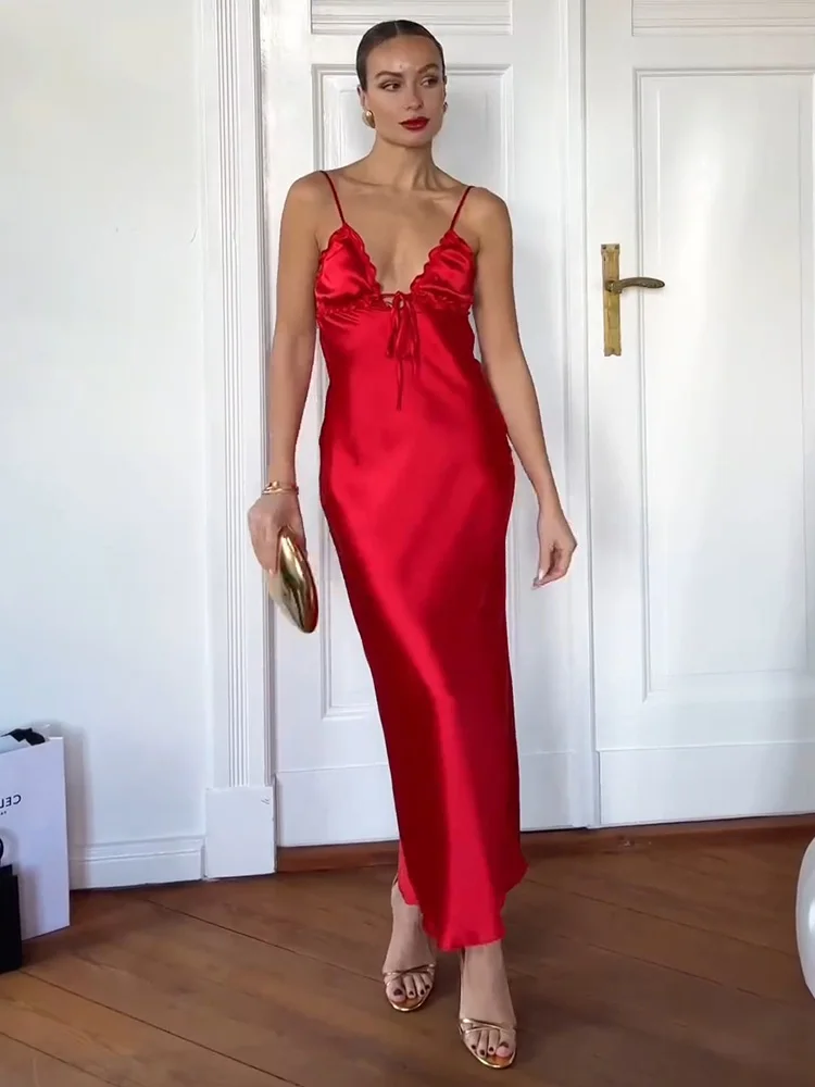 Wedding Guest Elegant Long Dresses For Women Tie V Neck Spaghetti Strap Satin Maxi Dress Sexy Open Back Date Night Party Dress