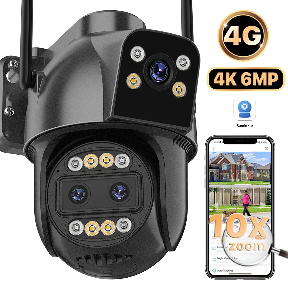 4G SIM Card Three Lens Dual Screen Security Camera 4K 6MP 10X Optical Zoom PTZ Cam 2K Wifi Video Surveillance Camera Camhi pro