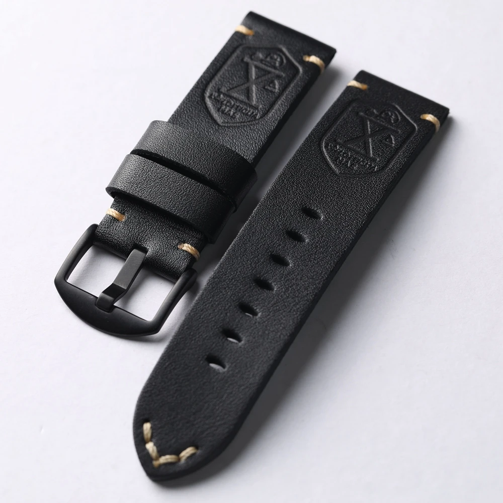 Handmade Head Layer Cowhide Leather Strap 20 22 24 26MM Black Soft Thickened Men Leather Vintage Strap Suitable For PAM1