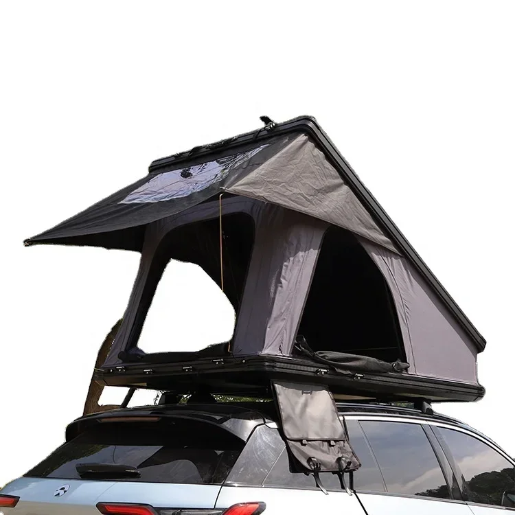 Outdoor self driving camping roof tent with large black glue aluminum shell triangular roof tent inside