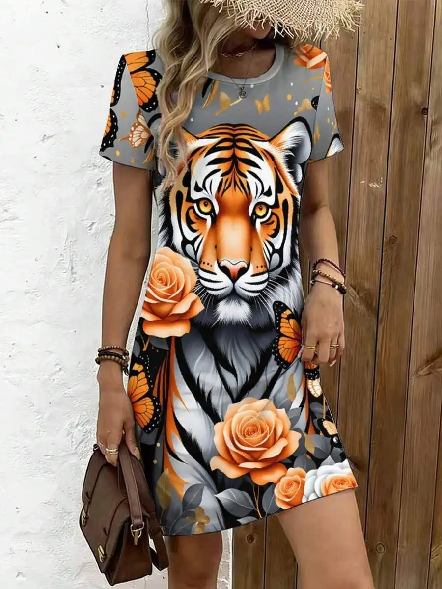 

Womens Tiger And Rose Print Short Sleeve Fitted Dress With Crew Neck