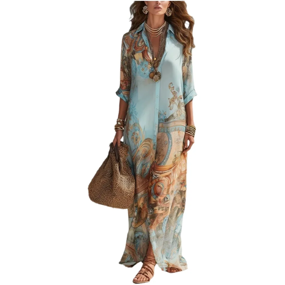 Elegantes Hemdkleid für Damen, Chiffon, Digitaldruck, Umlegekragen, einreihig, fließend, lässig, Boho, Sommerkleidung