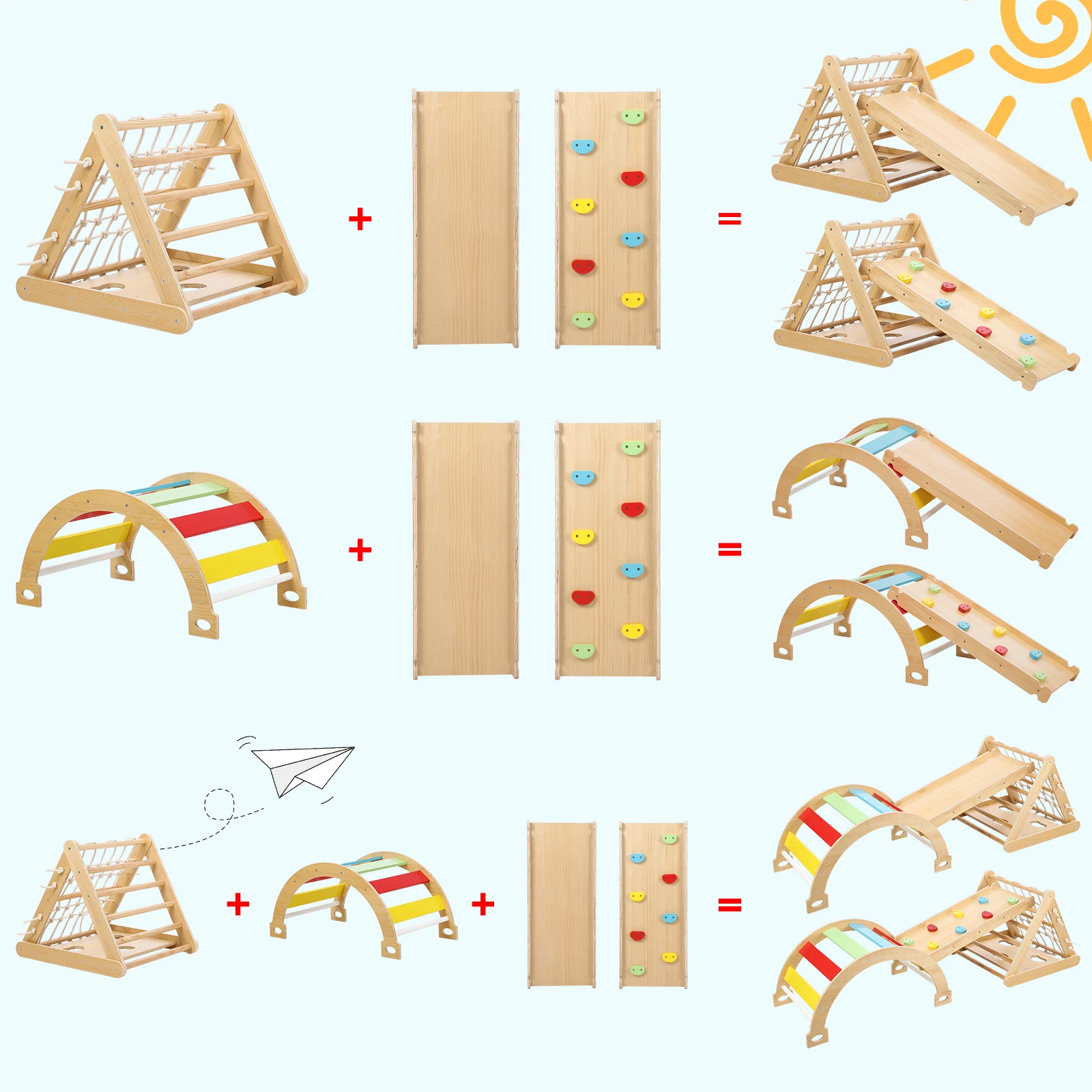 Indoor-Fitness-Spielset für Kleinkinder, 3-in1-Holz-Kletterspielzeug, 3-seitiger Holz-Dreiecks kletterer mit Klettern etz, Schiebe rampe, Sandsäcke