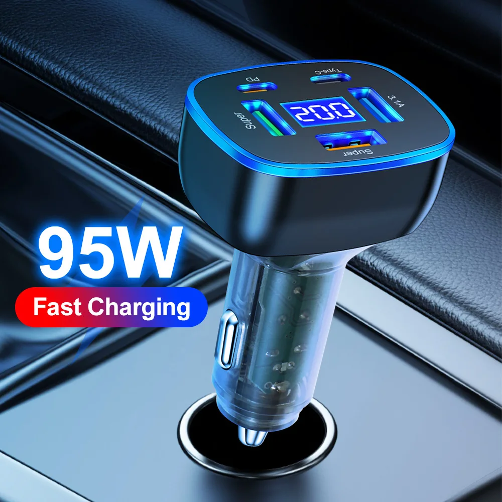 95W 5-in-1 USB C Car Charger Fast Charging Digital Display Power Adapter for iPhone 15 14 Pro MacBook Huawei Xiaomi Samsung OPPO