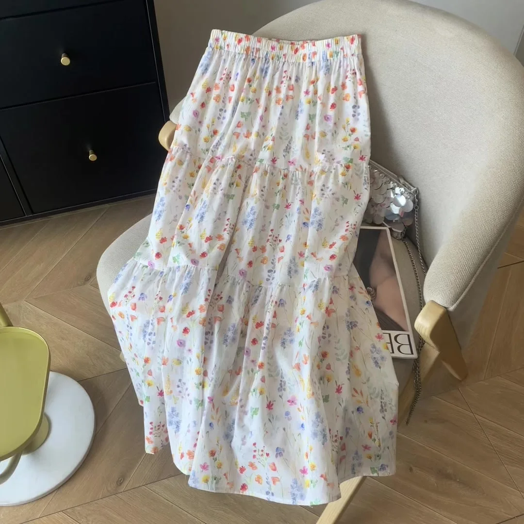 Women Flower Print Mori Dirl Skirt Vintage Aesthetic Y2k Long Skirts Harajuku Korean A-line Skirt 2000s Cutecore Clothes Summer