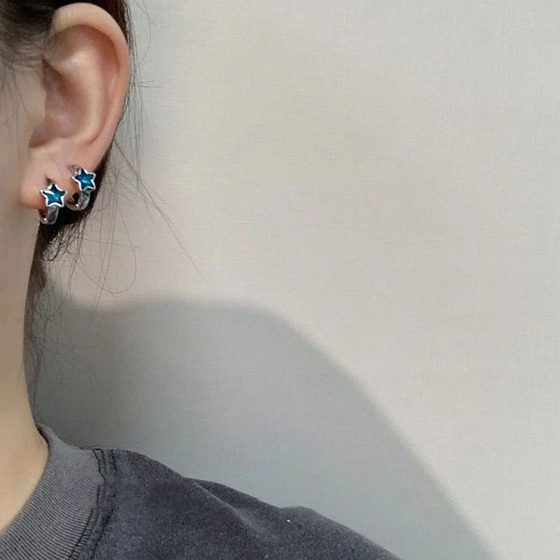 New Trendy Cute Sweet blue star Hoop Earrings for Women Girls Simple Fashion Vintage Earrings Aesthetic Jewelry Y2K Gift