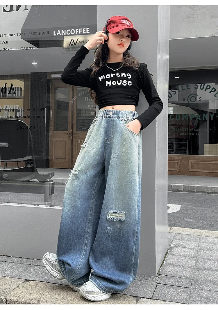 ZOETOPKID Mädchen Zerrissene Distressed Jeans Weite Hose mit Elastischem Bund Farbverlauf Denim-Hose für Kinder – Detail 6