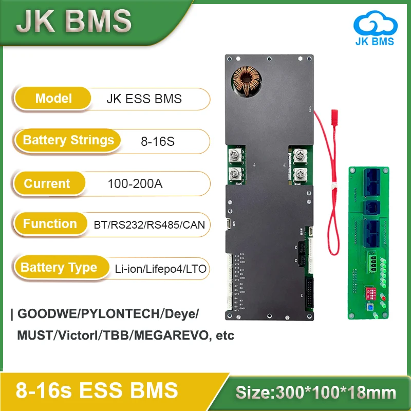 JIKONG ESS BMS 8S 9S 10S 11S 12S 13S 14S 15S 16S العاكس BMS 100A 150A 200A Li-ion LiFePo4 الذكية BMS الشمسية 1A 2A التوازن النشط