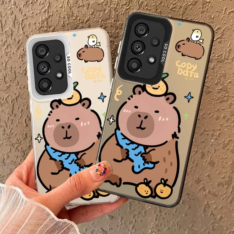 Cartoon Capybara Blue Cloth For Samsung Galaxy A73 A72 A71 A56 A55 A54 A53 A52 A52S A51 A36 A35 M11 Colored Silver Phone Case