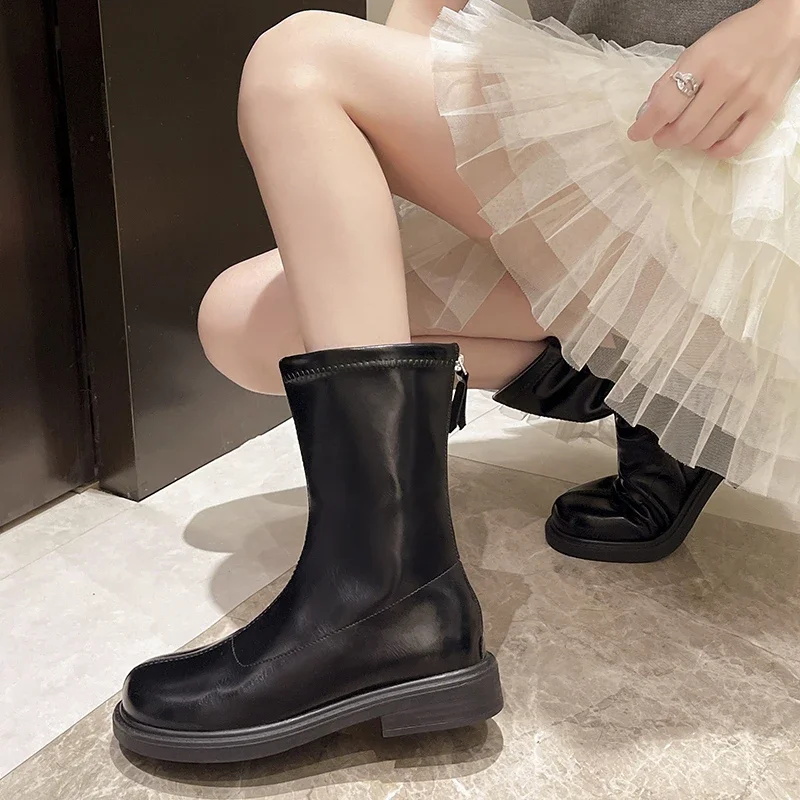 Botas de tornozelo de inverno quadrado para mulheres, salto liso, salto baixo, calor, venda quente, novo, moda, 2024