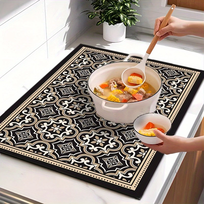 VIKAMA Vintage Floral Tile Bar Counter Drip Mat, Coffee Machine Drip Mat, European Classic Style Countertop Non-Slip Mat