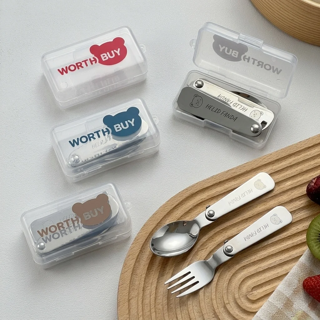 3Pcs/Set 304 Stainless Steel Folding Cutlery With Box Cute Outdoor Portable Dinnerware Set Dishwasher Safe Foldable Tableware