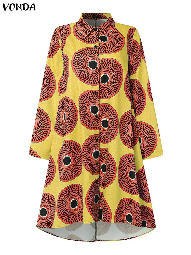 

VONDA винтажное платье больших размеров с богемным принтом асимметричный сарафан модный женский сарафан с лацканами и вырезом Vestidos повседневный халат с длинными рукавами
