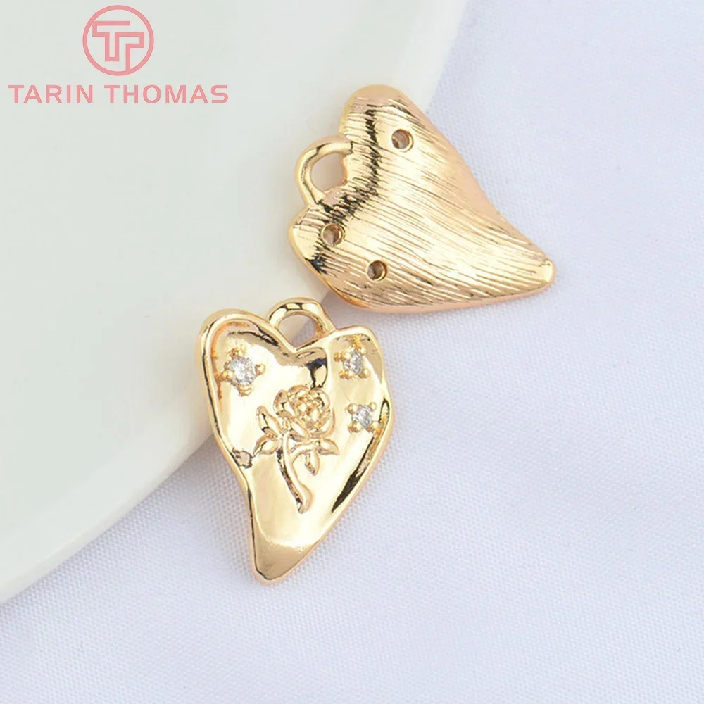 (4896) 4PCS 14x18MM 24K Gold Color Brass with Zircon Heart Shape Rose Texture Pendants High Quality DIY Jewelry Making Findings