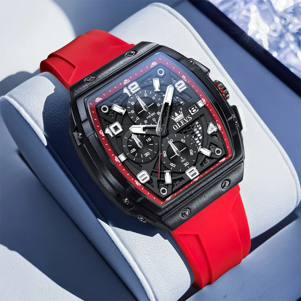 

OLEVS 2025 мужские классические военные часы с хронографом, водонепроницаемые светящиеся кварцевые часы с красным силиконовым ремешком, спортивные мужские часы