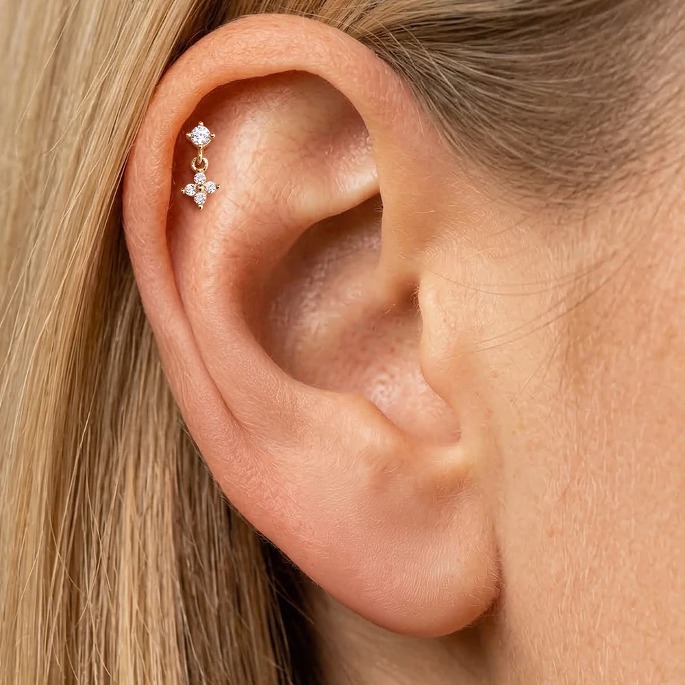 DIeSchein 14K Solid Gold Piercing Stud Dangle Four Leaf Clover CZ Internal Thread Flat Back Nose Helix Tragus Cartilage Jewelry