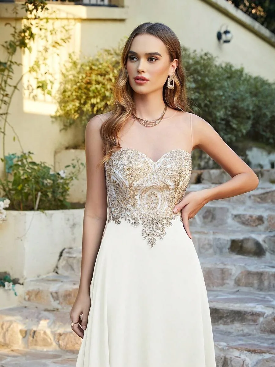 BABYONLINE Boho WeddingDresses Illusion Sweetheart Gold Appqulies Bodice  Elegant Gown Chiffon A-line Skirt Mermaid Bridal Gowns