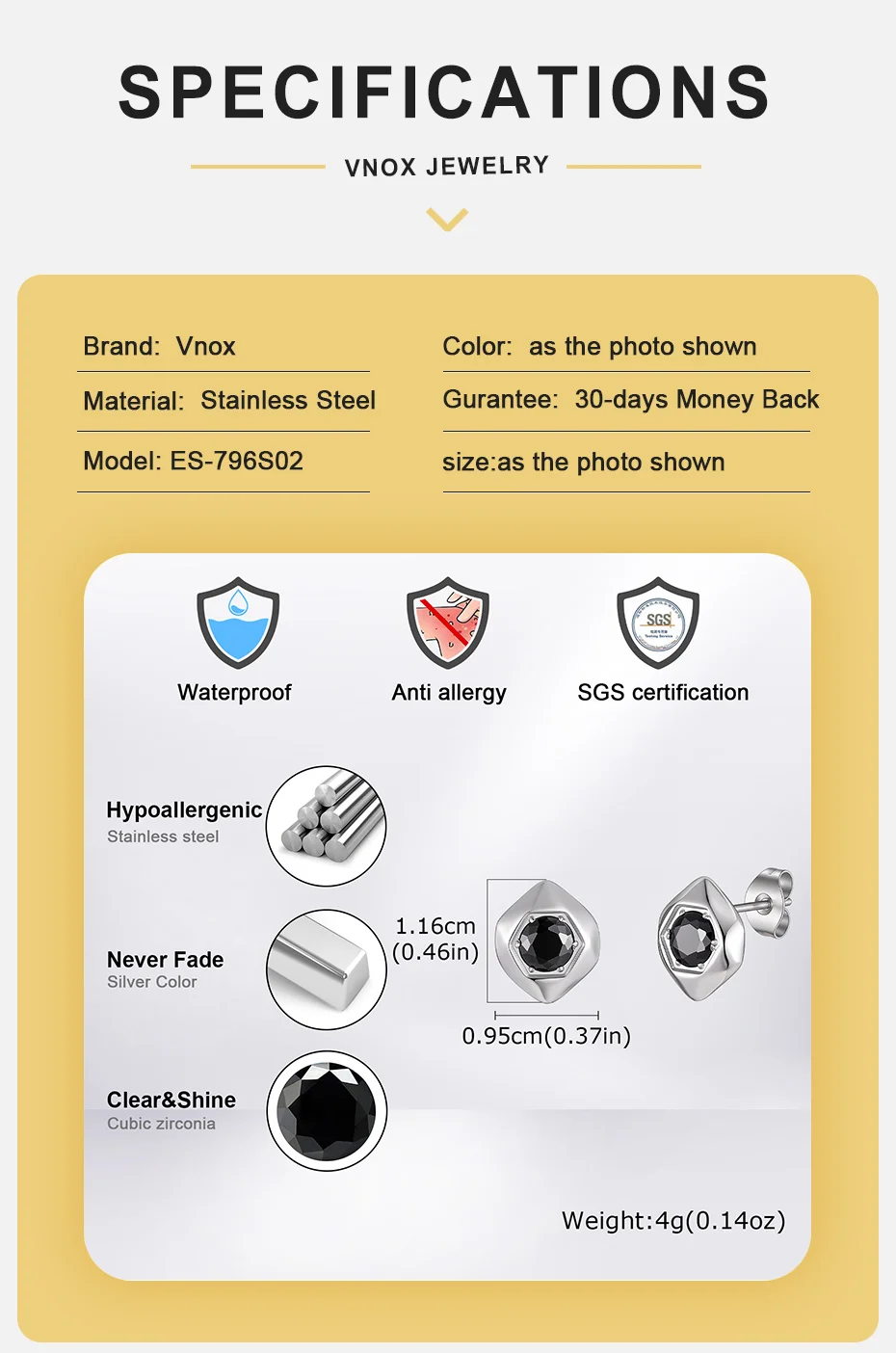 Vnox Edelstahl-Ohrstecker mit schwarzem Zirkon, geometrisch, für Herren, unregelmäßiger Sechseck-Ohrstecker, Einzelpaar, Punk-Schmuck, Geschenk – Detail 4