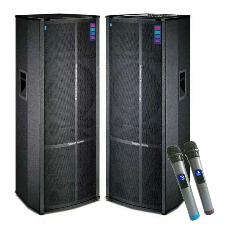 Dual 15'' Active Professional Stage Pair Speaker Wooden Outdoor Speakers Buit-Inch Mixer Power Amplifier With Two Wireless MIC