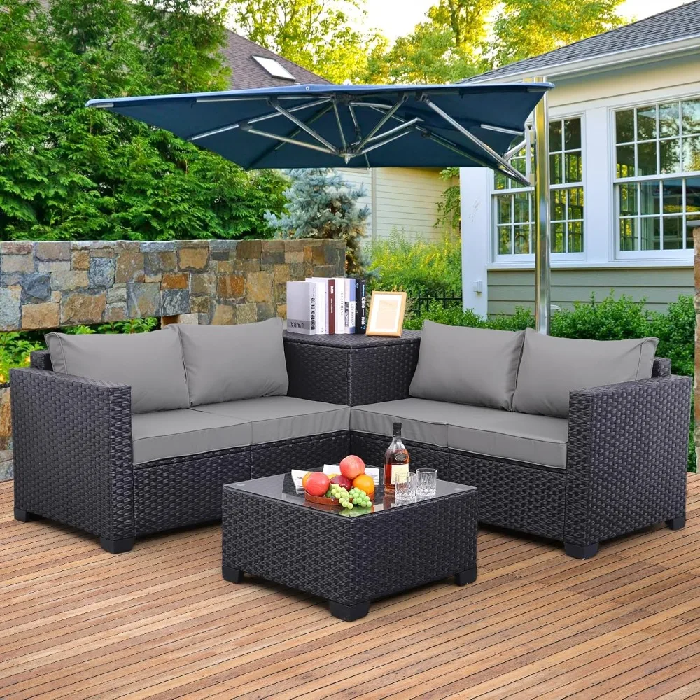 

Outdoor PE Wicker Patio Furniture Set 4 Piece, Black Rattan with Storage Box Glass Top Table and Non-Slip Grey Cushion