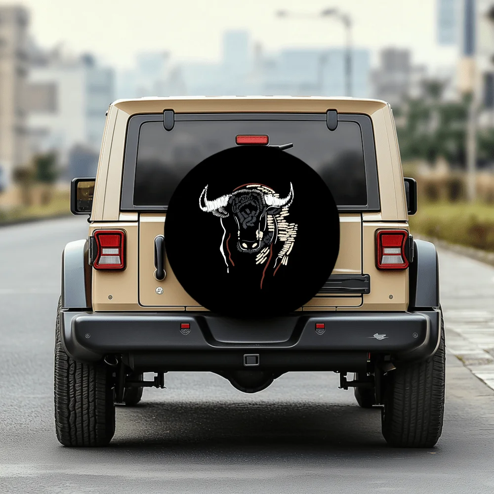 Embroidered Bull Pattern 30/34 Inch Multi-Functional Tire Cover, Suitable For Jeeps, Trailers, RVs, SUVs, Trucks, Campers, And V
