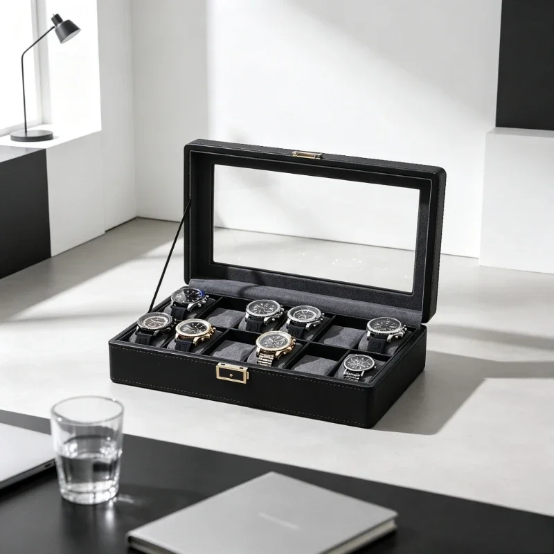 Leather Watch Box with Dividers Jewelry Storage Organizer for Watches Eyeglasses Cosmetics Dustproof Vanity Case 시계 보관함