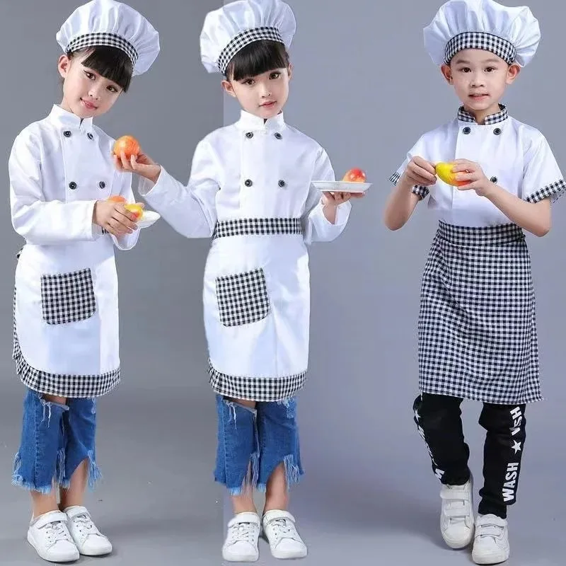 Kids Cook Tshirt Chef Uniform Children Kitchen Hat Cap Work Jackets Restaurant Halloween Performance Stage Party Cosplay Costume