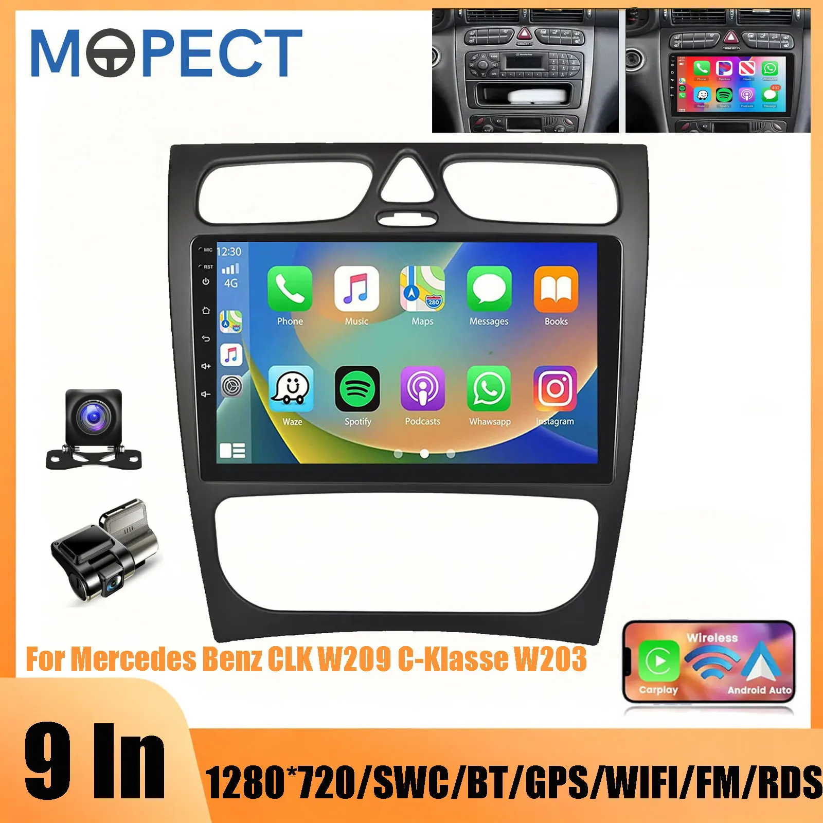 MOPECT 9'' Android 15/16 Autoradio für Mercedes Benz C-Klasse W203 CLK W209, kabelloses Carplay, Android Auto, Multimedia-Player, intelligentes Fahrzeugsystem, Stereo, 2DIN-Touchscreen-Haupteinheit,