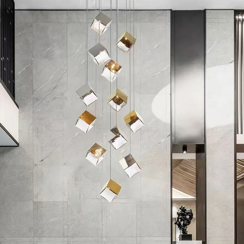 

New Designer Chandelier Handmade Glass Square Pendant Lamp Adjustable Three Color Dimmable Ceiling Luster Living Room
