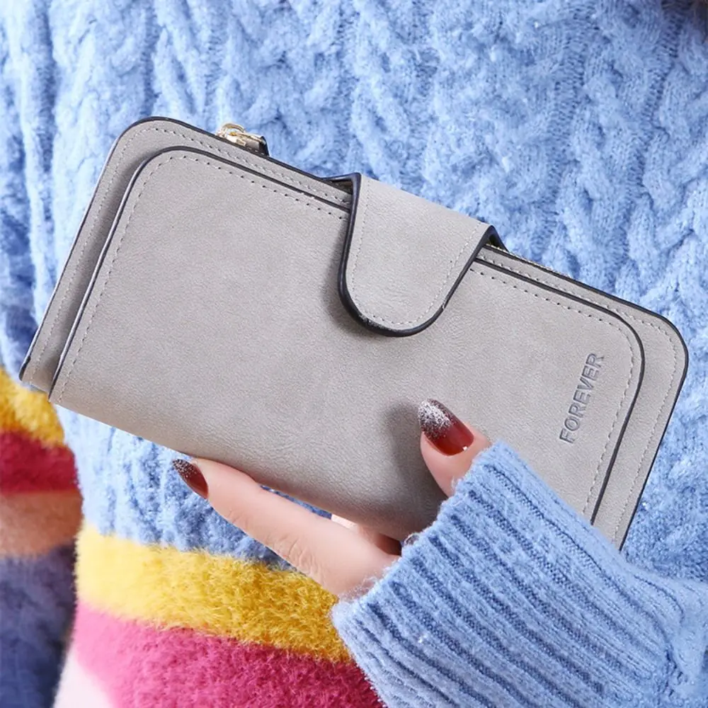 Simple Frosted Three Folding Wallet Hasp Zipper Credit Card Bag Phone Bag Clutch Bag PU Leather Coin Purse Travel