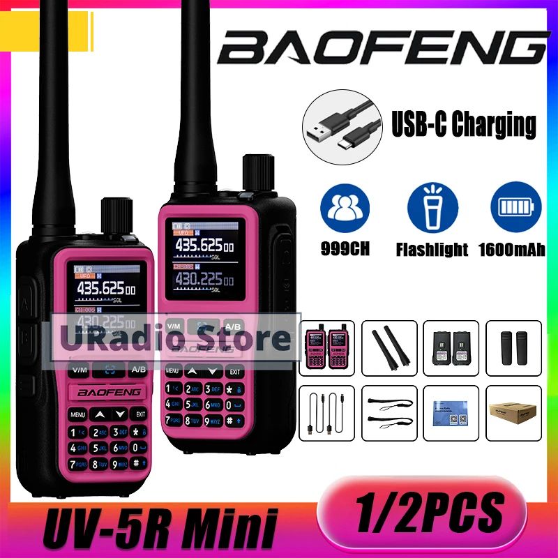 Baofeng UV-5R Mini Walkie Talkie BF-5R Mini Ham Two Way Radio Pink Dual Display USB-C 999 Channel AM For Camping Hiking Hunting