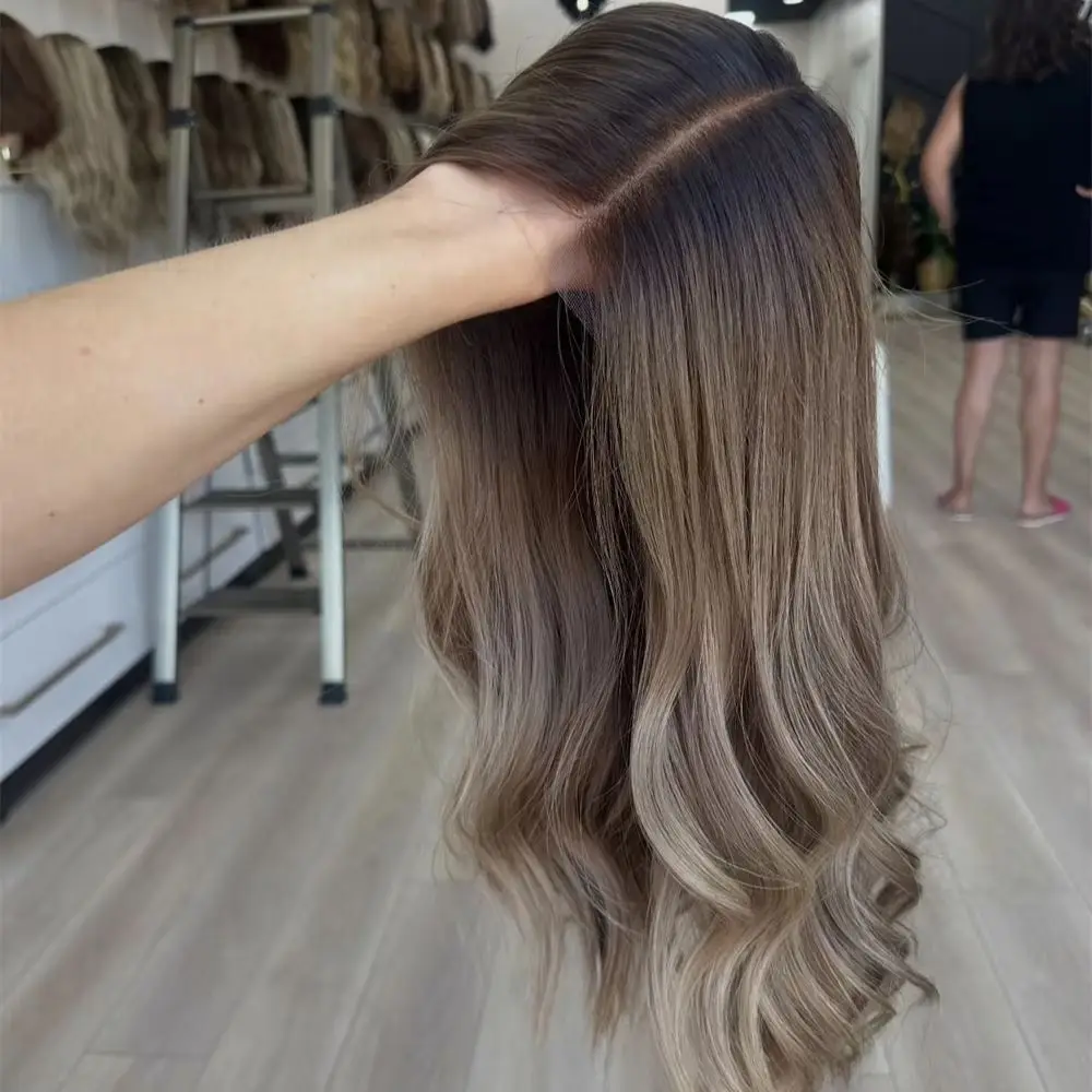 13x4 Free Part Ombre Brown with Blonde Streaks Synthetic HD Lace Front Wig with Roots Heat Resistant Fiber Wig Soft Body Wave