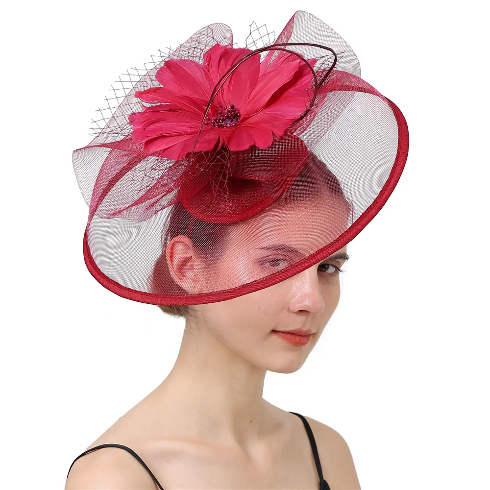 Red Fascinators Hat For Women Wedding Party Headband French Mesh Veil Hair Hoop Ornaments Bride Feathers Hairpin Cocktail Hats