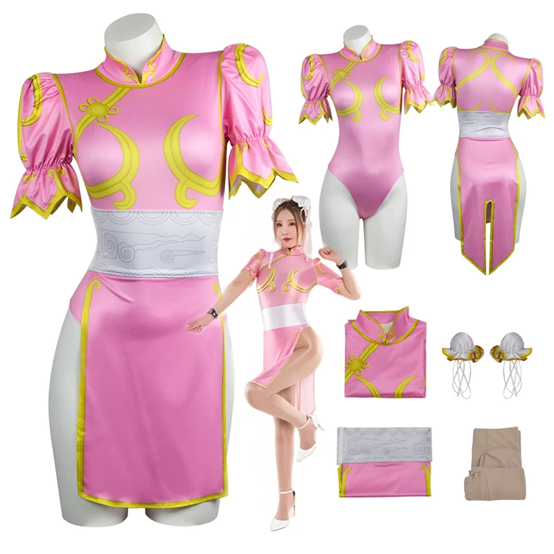 

Game Street Chun Li Cosplay Costume Sutorito Faita Cheongsam Pink Dress Women Girls Qipao Chunli Outfit Costume Halloween