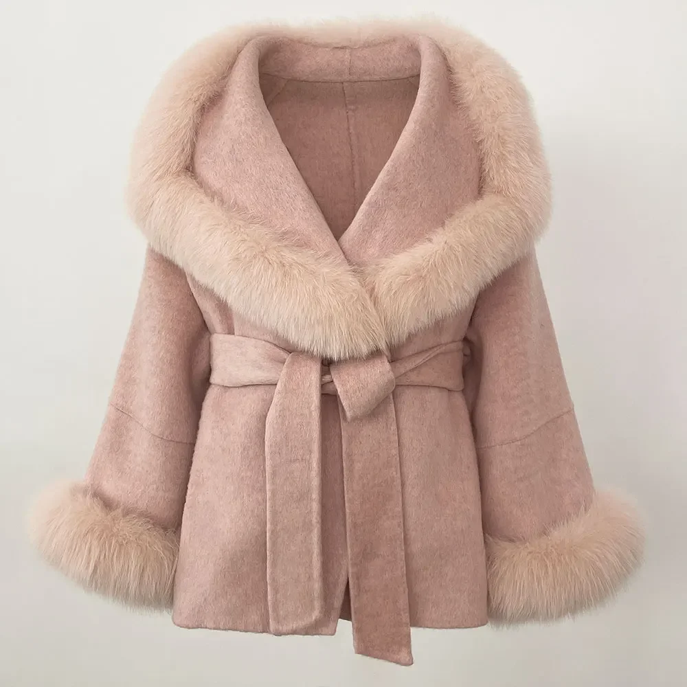 

Natural Wool Blends Cashmere Real Fur Coat Wool Jacket Winter Jacket Women Double Breasted Belt Warm Streetwear Fashion