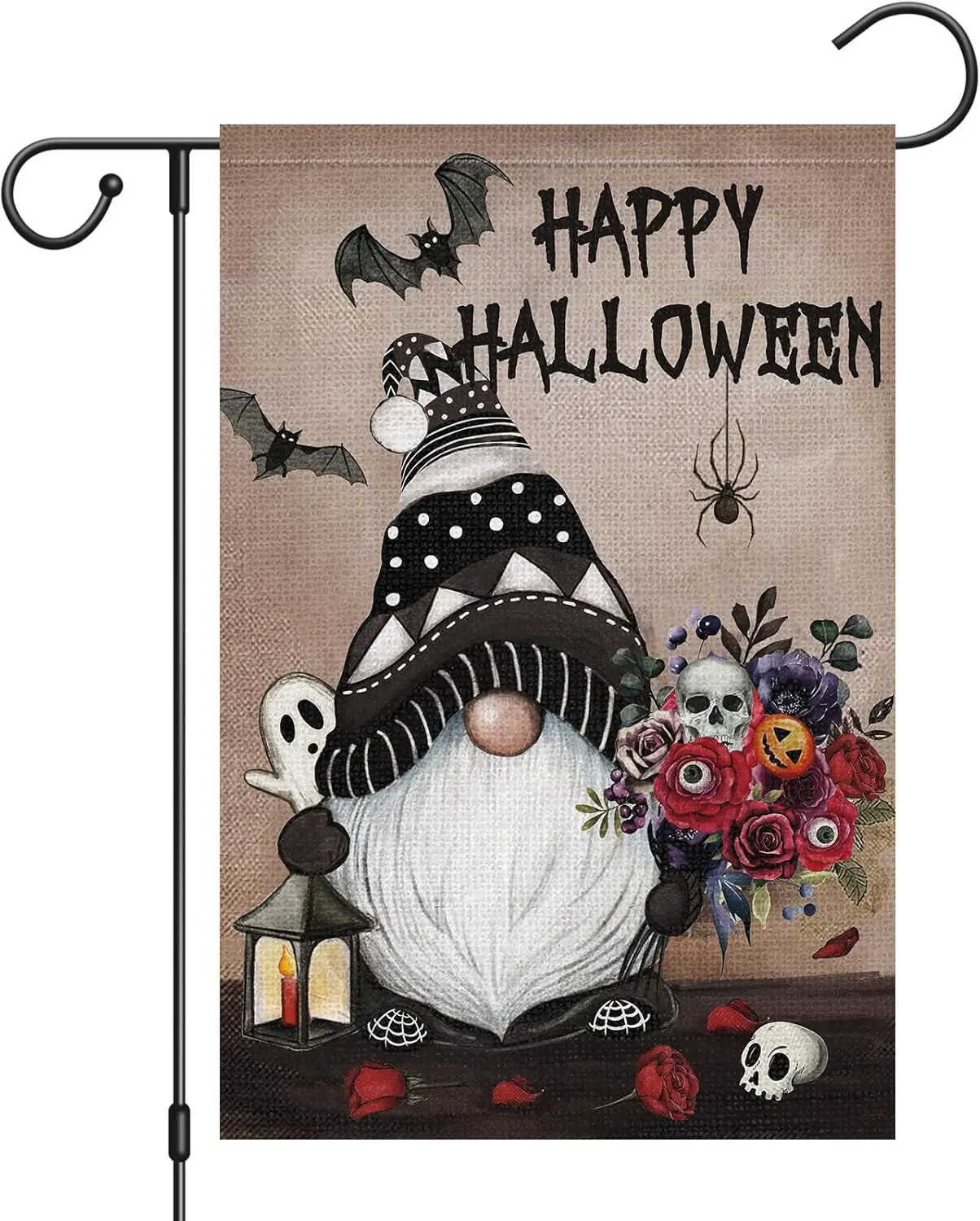 Heyfibro Happy Halloween Gnome Garden Flags 12 x 18 Inch Vertical Double Sided Burlap, Halloween Ghost Bat Yard Flag Skull Red R