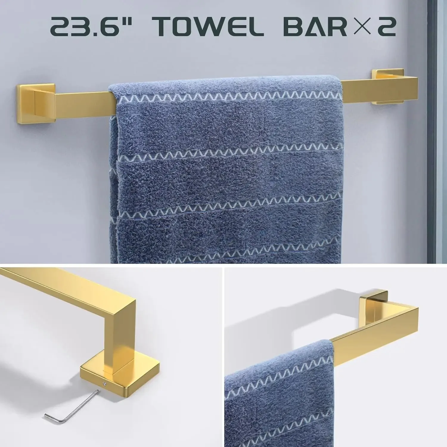 Gold Bathroom Hardware Set with Brushed Gold Bathroom Accessories - Square 2 Towel Bars Towel Rack Gold Towel Bar Stainless Stee