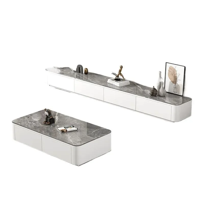 Rock Slab Coffee Table and TV Cabinet Set Floor to Ceiling Wide Storage Unit with Drawers for Small Apartment Living Room