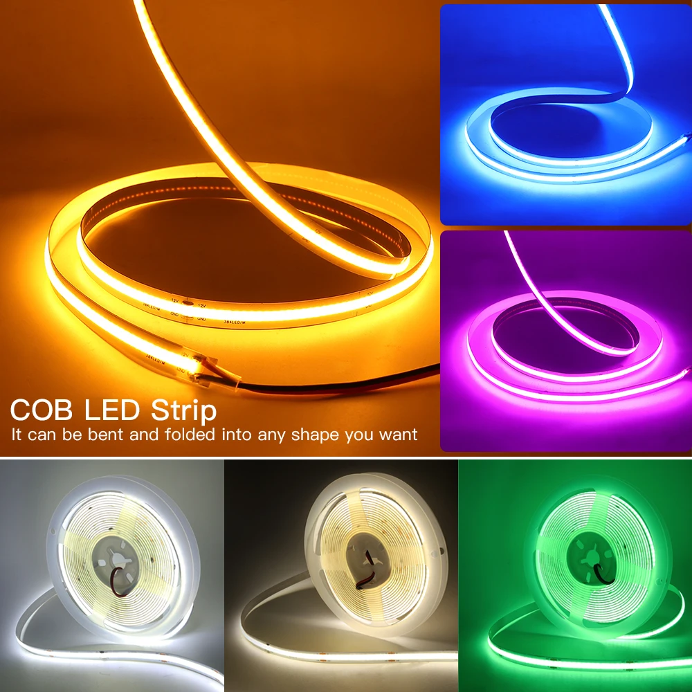 12V 24V COB Strip 8mm 320Leds/M RA90 High Density Flexible Ribbon Tape 3000K 4000K 6000K Red Blue Pink FOB LED Light Dimmable