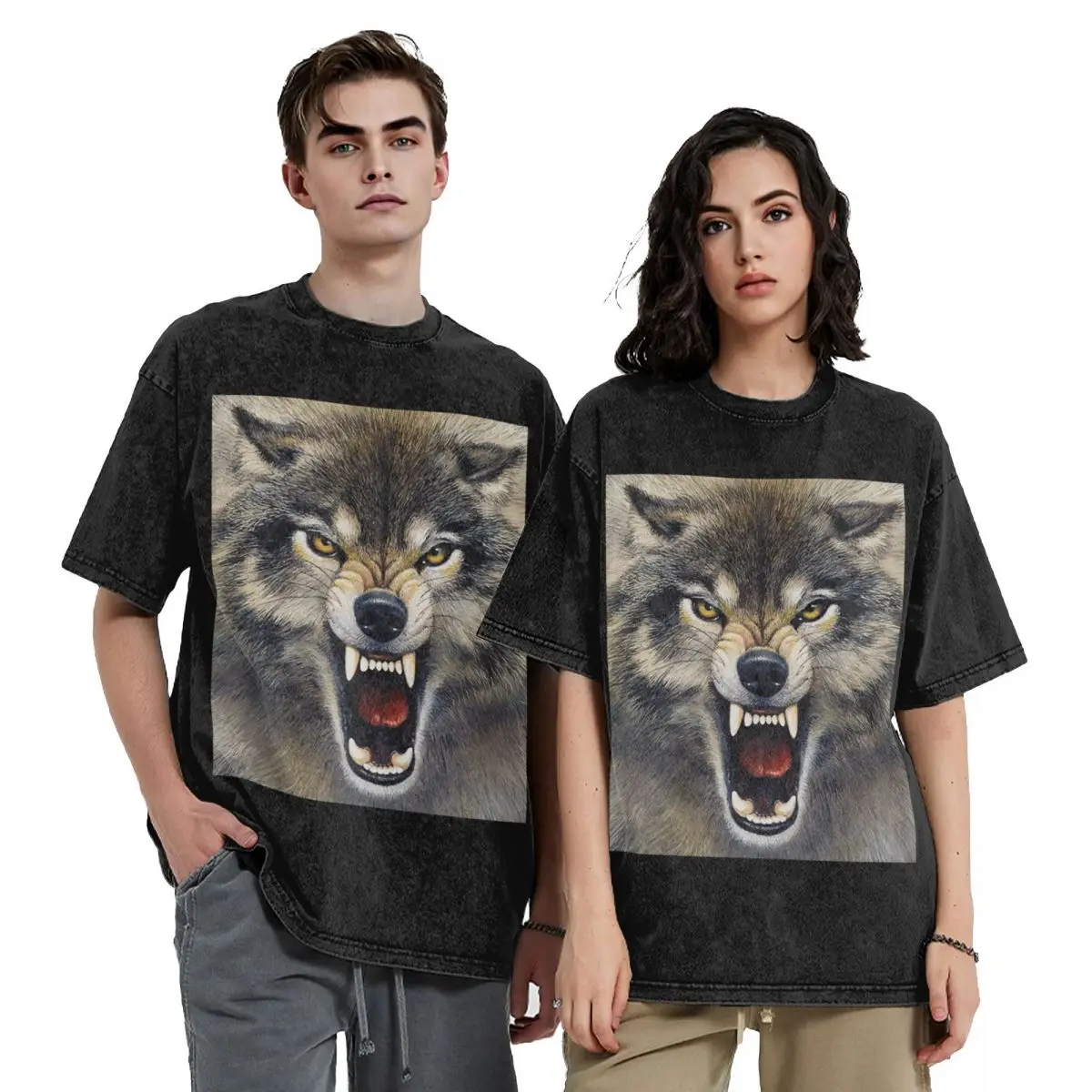 

Snarling Werewolf Wolf Animal 4 Hip Hop Short Sleeve T-Shirts Washed Tops Tees Streetwear T Shirt Casual for Men Women