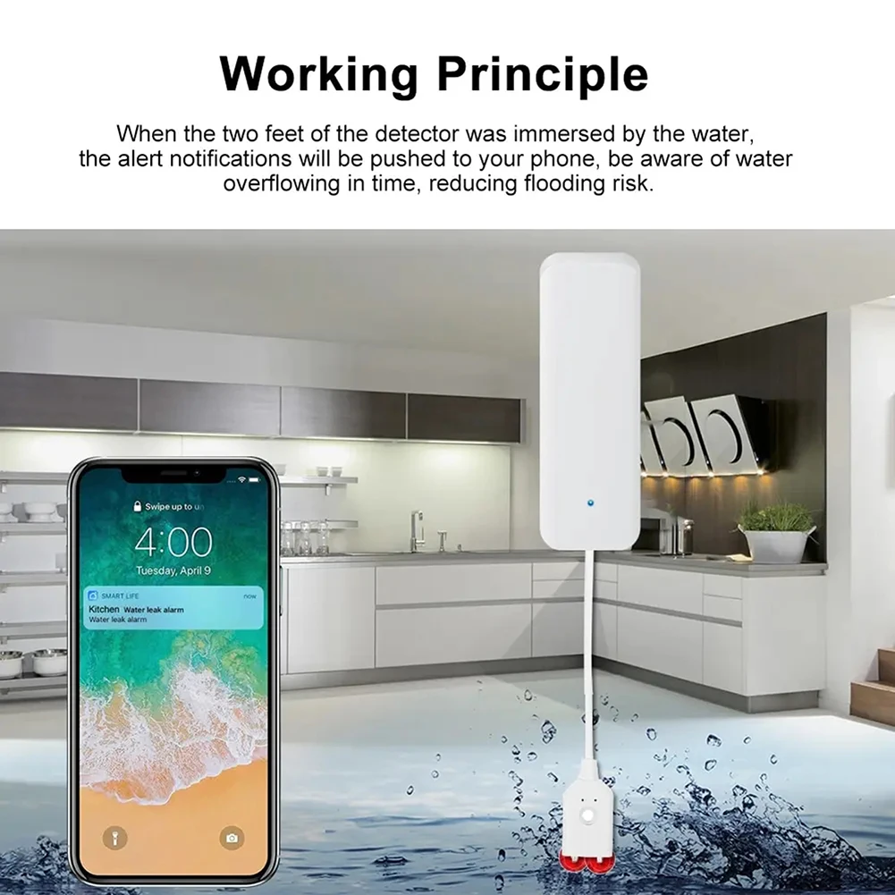 Smart WiFi Water Leaks Alarm Large Sound Water Overflow Level Detector For Pipe