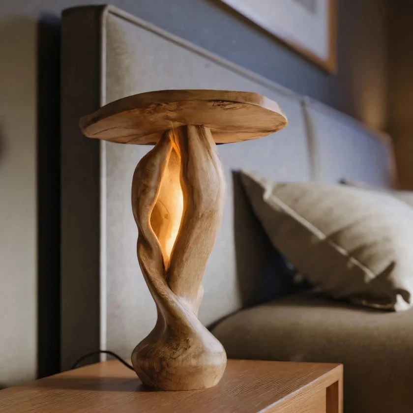Natural Driftwood Twisted Mushroom Wood Craft Lamp-Handcarved Log Lighting H40cm Reusable Freestanding Modern For Minimalist