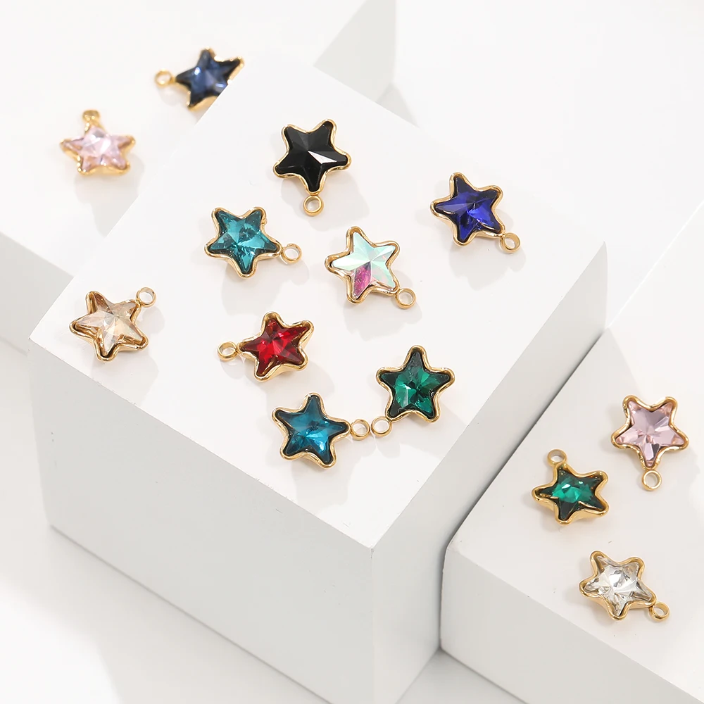 

5pcs/lot Stainless Steel Five-Pointed Star Shape Glass Pendants For Handmade DIY Necklace Earring Jewelry Making Accessories