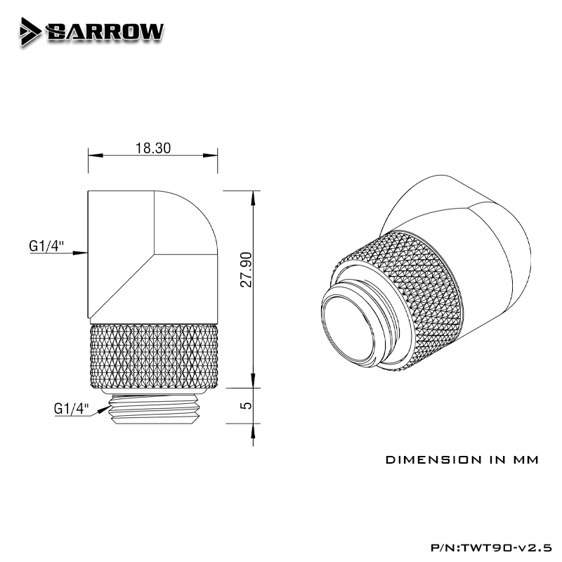 Barrow 90° Rotatable Adapter (M-F) 360 Rotary Joint Water Cooling Tube Angled Fitting, 4 Colors, TWT90-V2.5