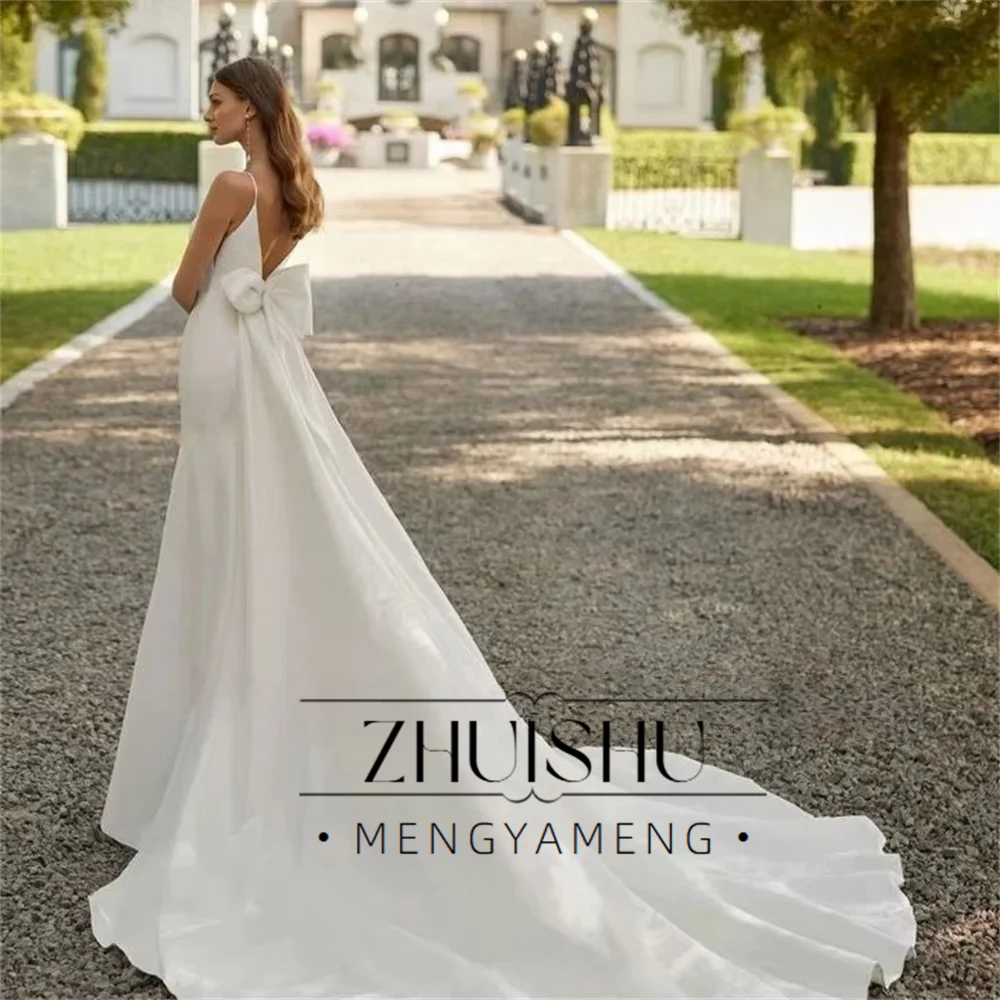 ZHUISHU エレガントなアイボリーマーメイドウェディングドレス ディープVネック ノースリーブ ブライダルガウン フロア丈 プリーツ サテン カスタマイズ スイープトレイン