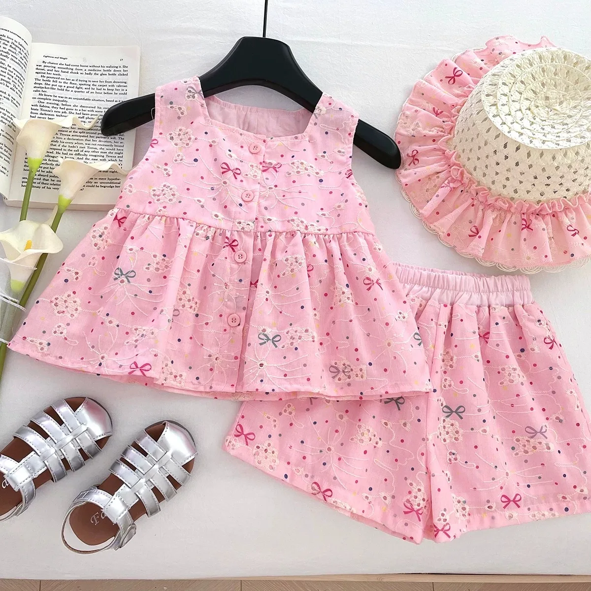 2026 Spring/Summer New Girl's Set Cute Bow Embroidered Sleeveless Top and Shorts Two Piece Set