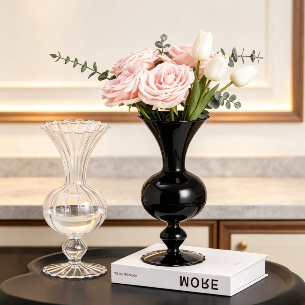 Elegant Glass Vase with Ruffled Rim Transparent Flower Arrangement Hydroponic Flower Holder Living Room Office Decor
