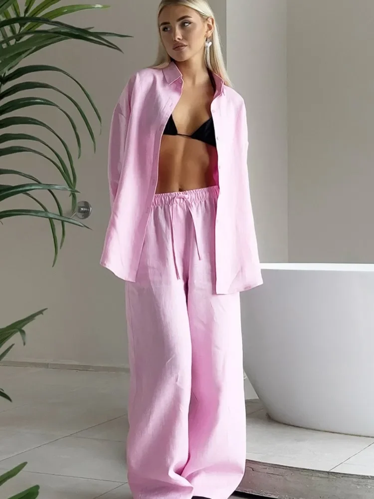 

Cotton Shirt Trousers Suit 2025 Spring And Summer Loose Long-sleeve Shirt + Casual Wide-leg Pants 2-piece Suit For Women Outfits