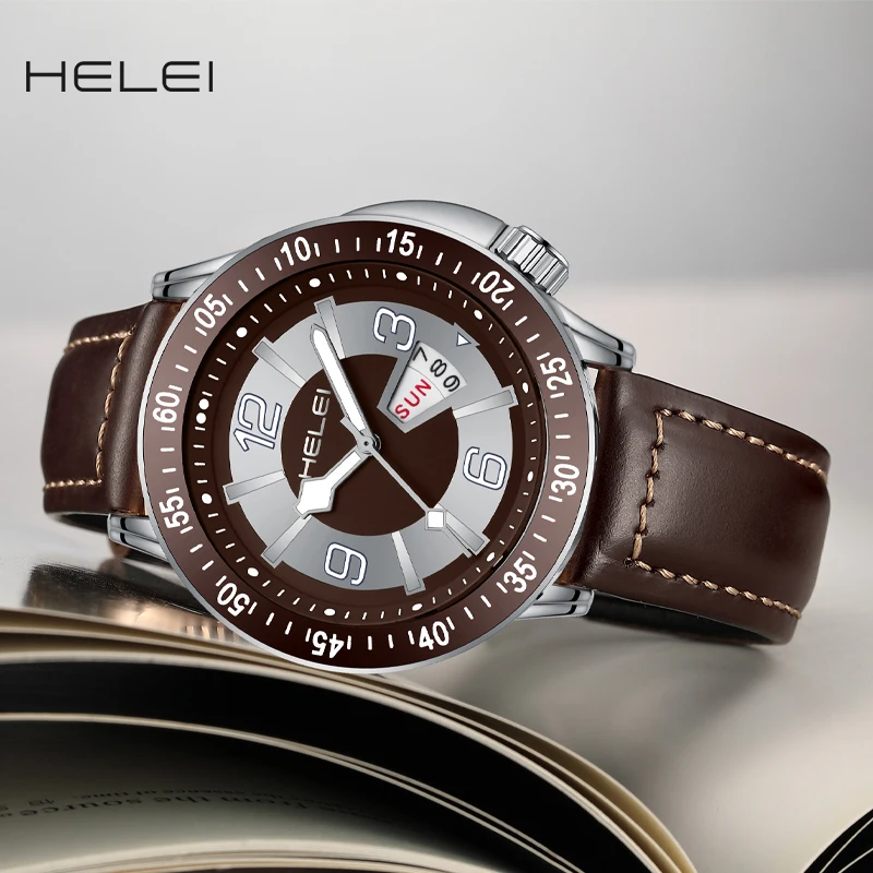 HELEI-Montre à quartz lumineuse avec bracelet en cuir véritable pour homme, montre-bracelet de sport décontractée, date, nouvelle mode